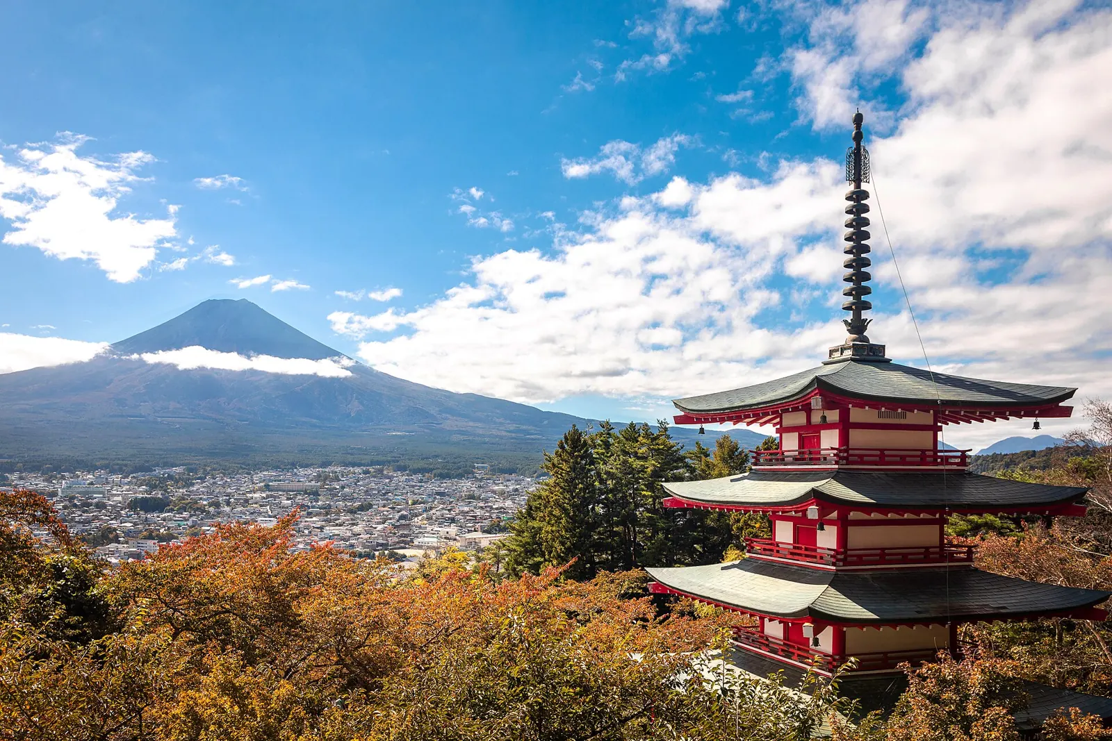 Chureito Pagoda and Mount Fuji in autumn, Fujiyoshida