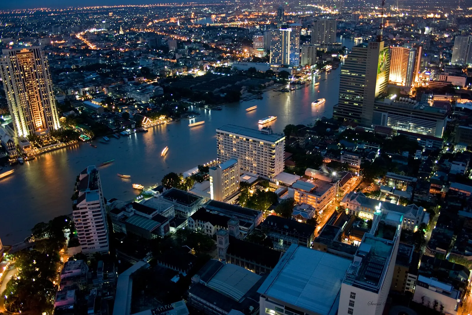 The Bangkok skyline and the Chao Phraya River in the evening, seen from State Tower
