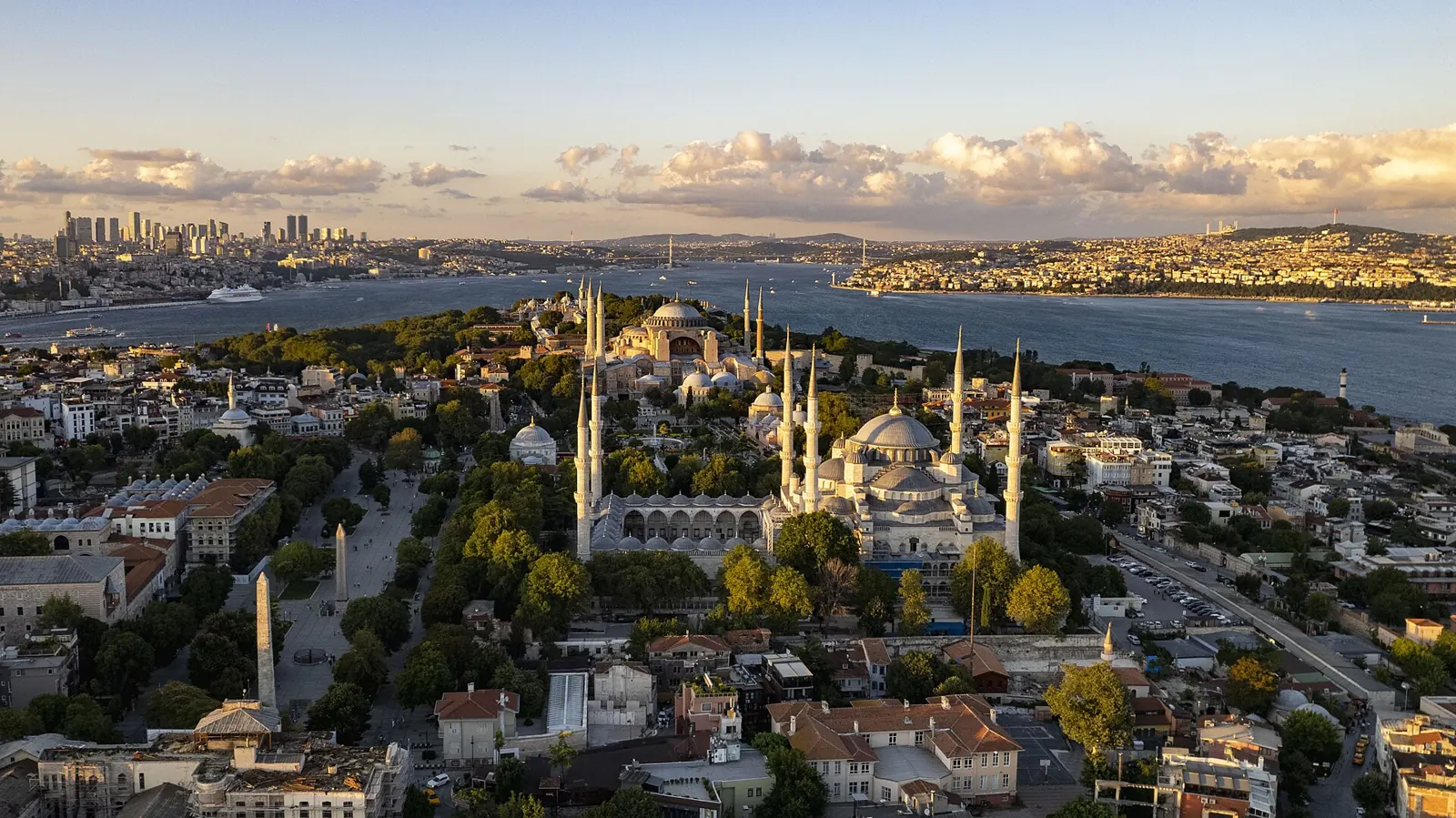 The Blue Mosque and Hagia Sophia above the Bosphorus, Istanbul